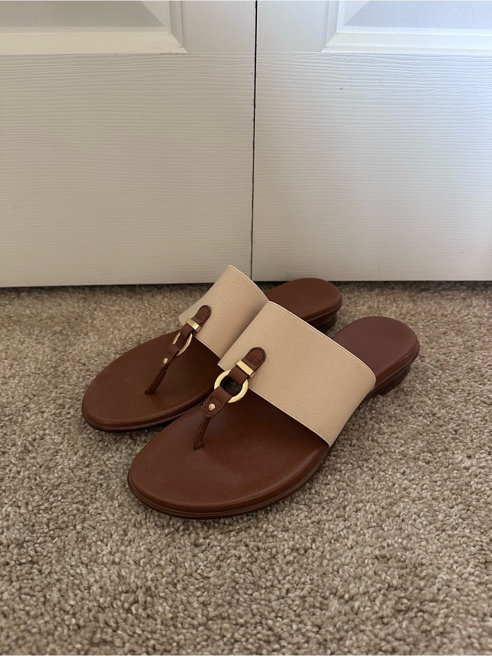 Italian Shoemakers Brown and Cream Slide Sandals with Gold Accent